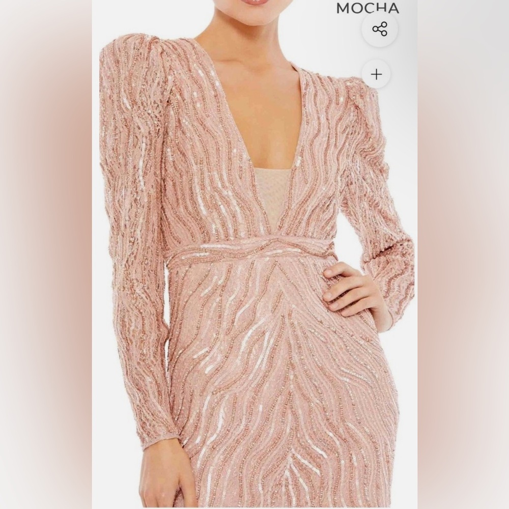 *Mac Duggal Beaded Puff Sleeve Deep Illusion V-neck Gown in Mocha Size 2C - Picture 3 of 8